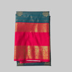 Dark green with golden stripes along flower butta semi kanchipuram silk saree with red double border