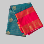 Dark green with golden stripes along flower butta semi kanchipuram silk saree with red double border