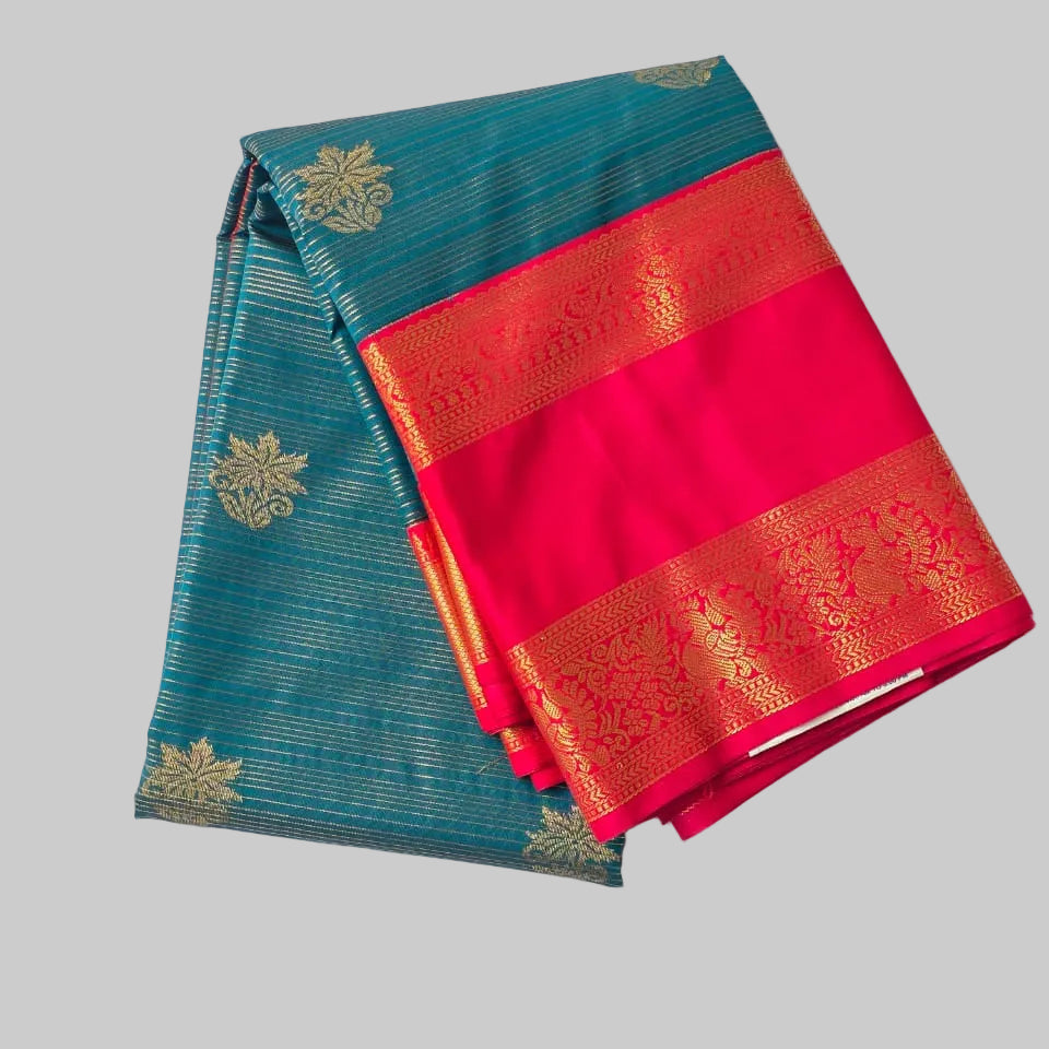 Dark green with golden stripes along flower butta semi kanchipuram silk saree with red double border