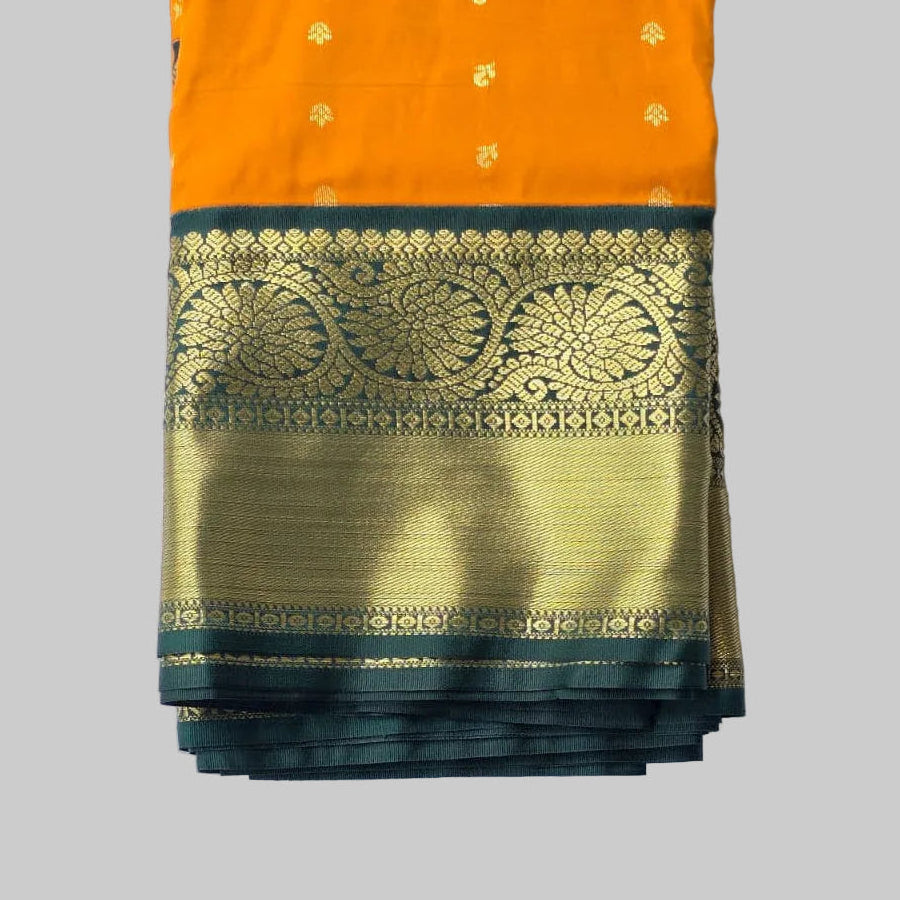 Mango Yellow Saree with Butta and Dark Green Border