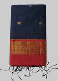 Navy blue cotton silk saree with bright red colour and golden border