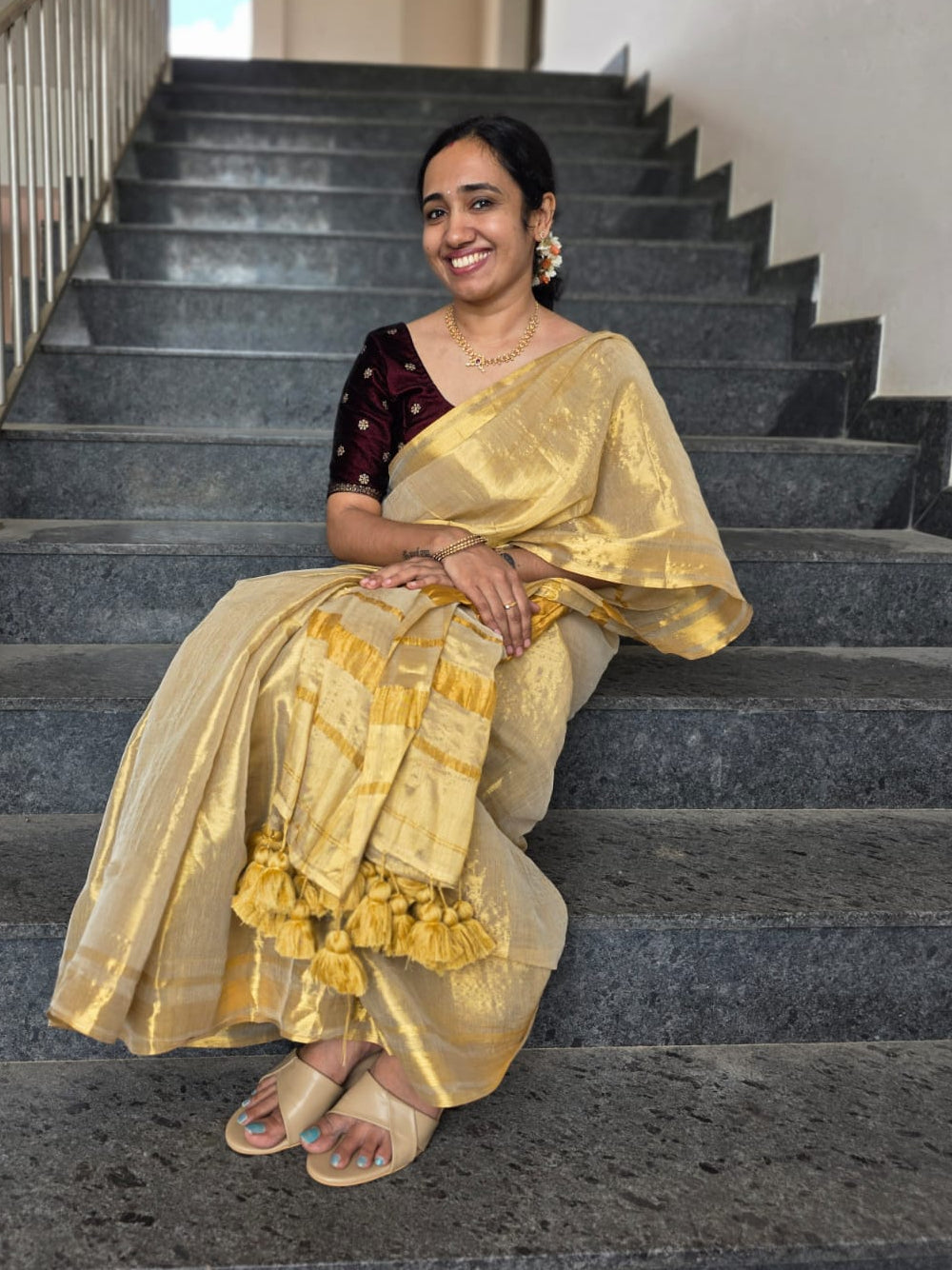 Kanchi tissue saree in a beautiful golden yellow colour with an elegant and graceful look.