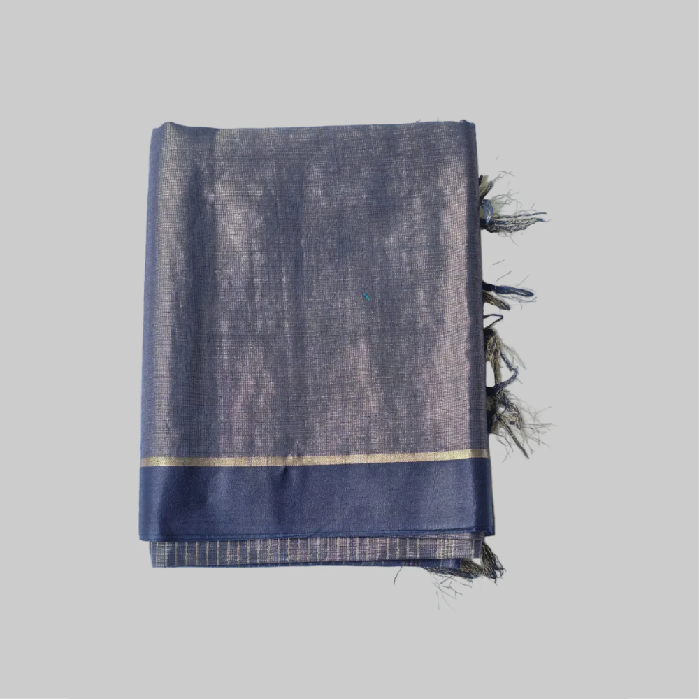 Dark Blue Silk Tissue Saree With Simple Border