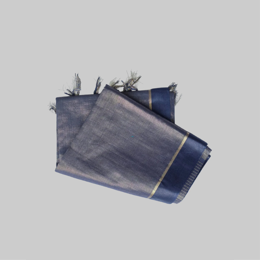 Dark Blue Silk Tissue Saree With Simple Border