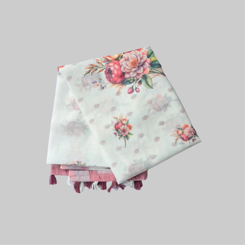 Cotton Mixed White Floral Printed Saree