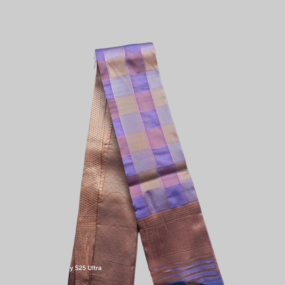 Violet Pink Check Semi Kanchipuram Silk Saree
