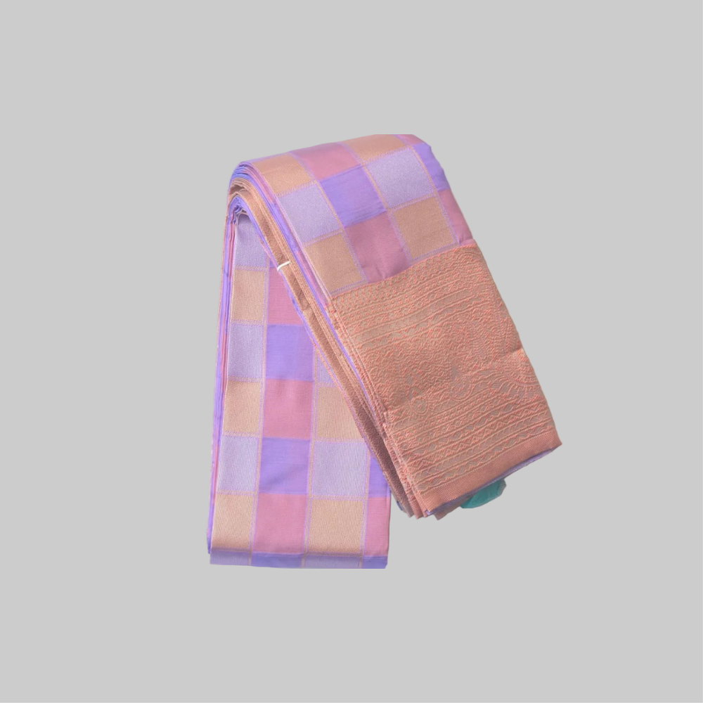 Violet Pink Check Semi Kanchipuram Silk Saree