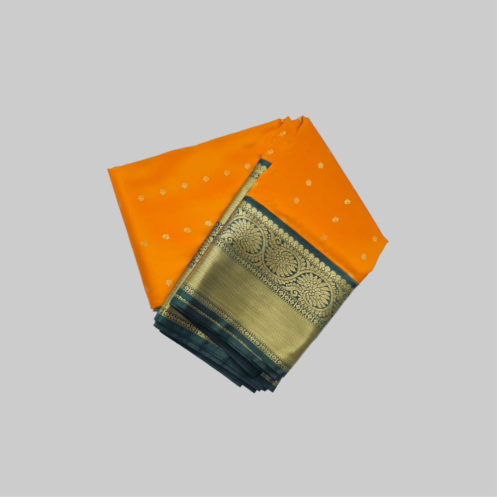 Mango Yellow Saree with Butta and Dark Green Border