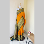Mango Yellow Saree with Butta and Dark Green Border