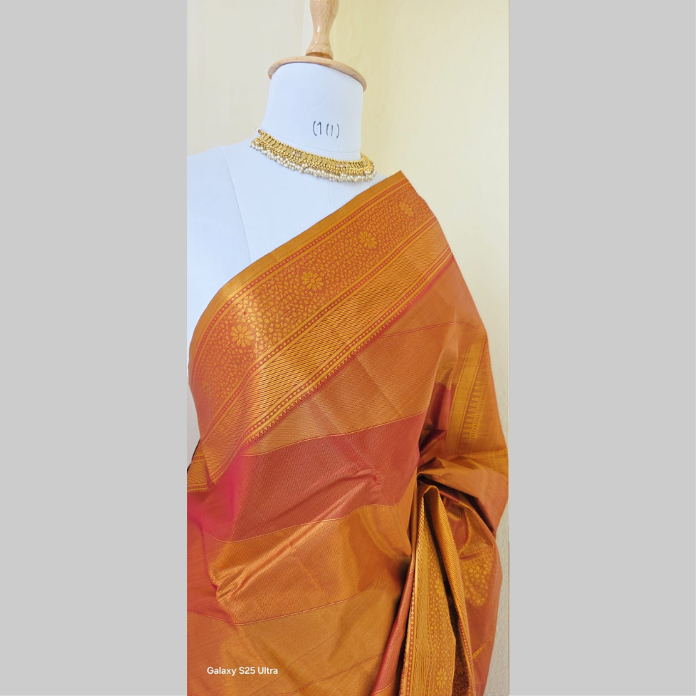 Sun shine golden yellow mixed with orange semi kanchipuram silk saree with golden border