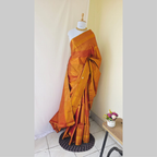 Sun shine golden yellow mixed with orange semi kanchipuram silk saree with golden border