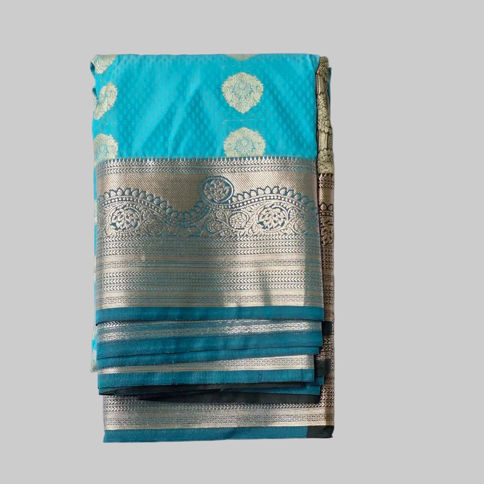 Sea blue butta semi kanchipuram silk with heavy dark green border