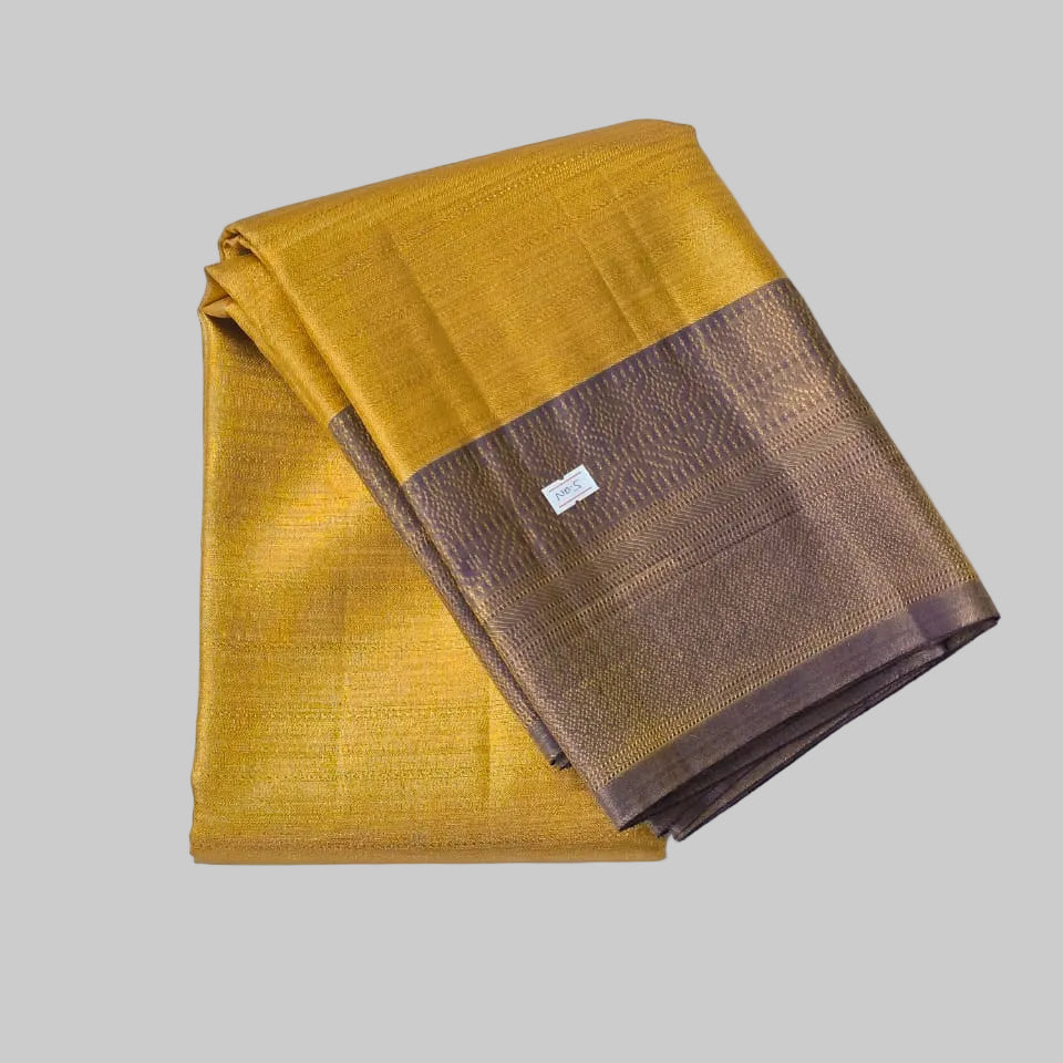 Light Golden Semi Kanchipuram Silk Saree With Lavender Border