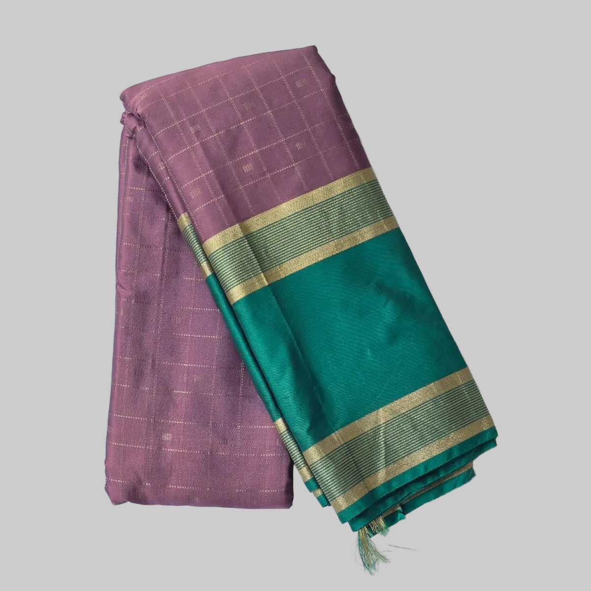Light Lavender With Check Semi Kanchipuram Silk Saree With Green Border