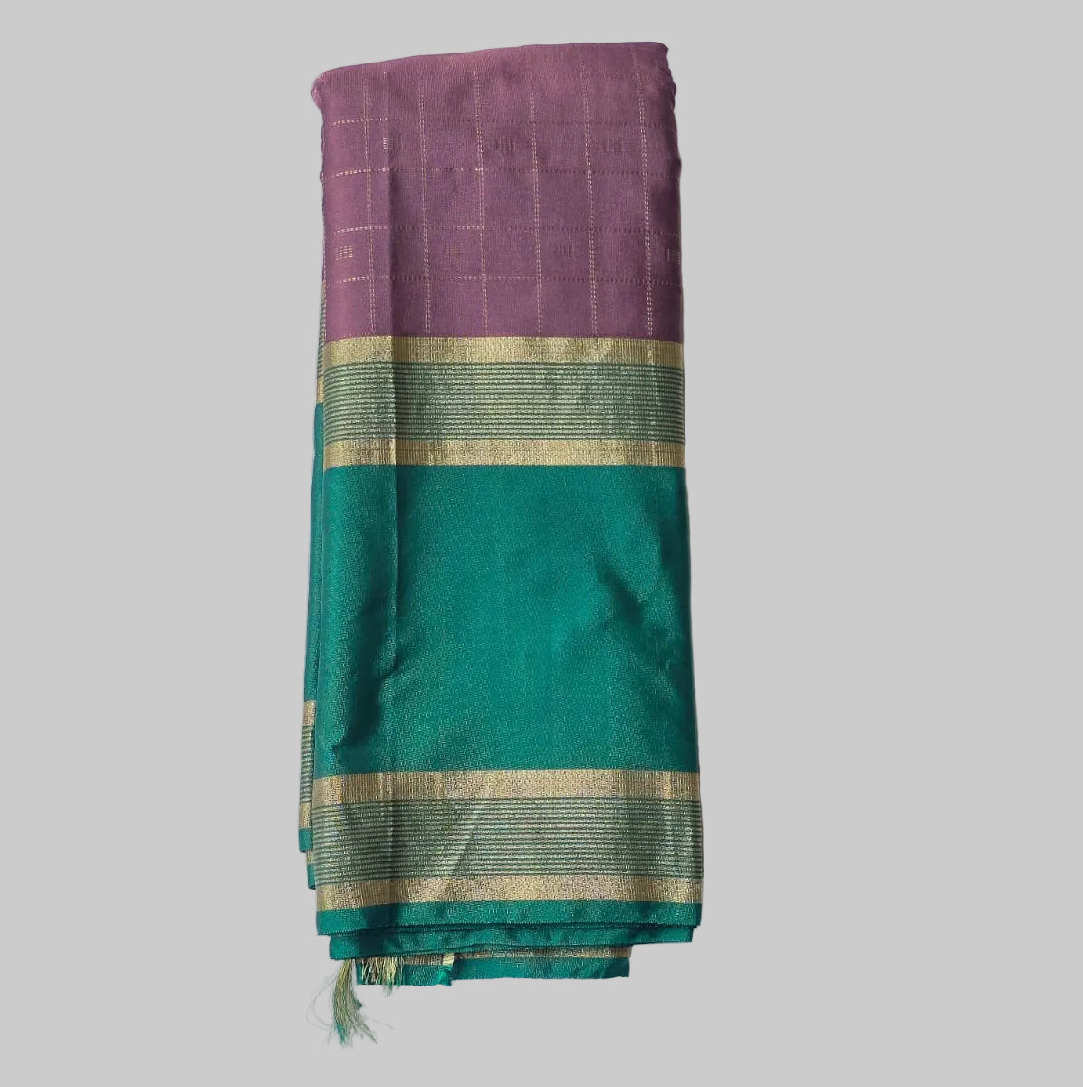 Light Lavender With Check Semi Kanchipuram Silk Saree With Green Border