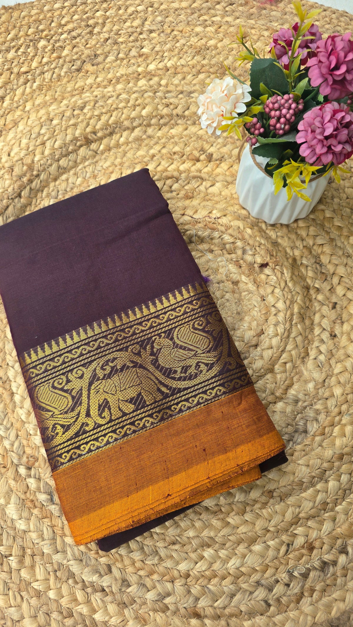 Coffee brown kanchi cotton saree with yellow border