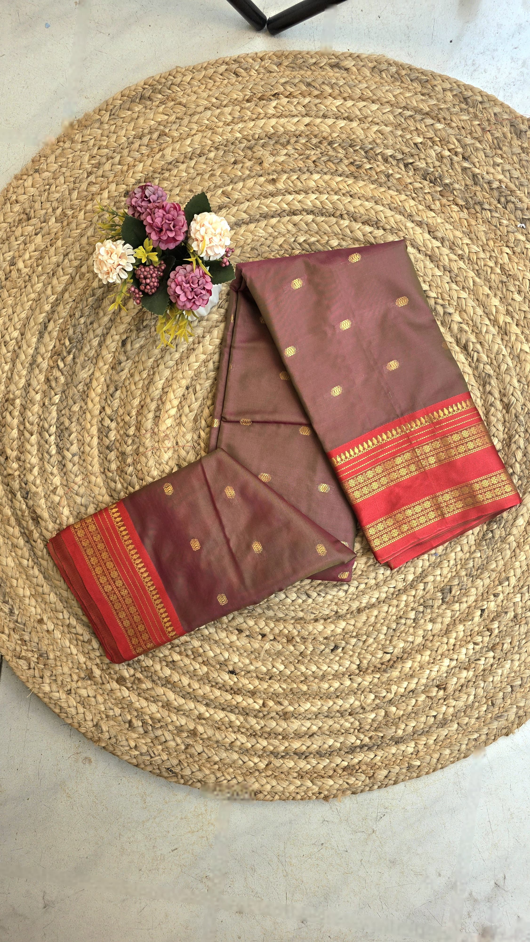 Red border double shaded semi silk saree with golden butta