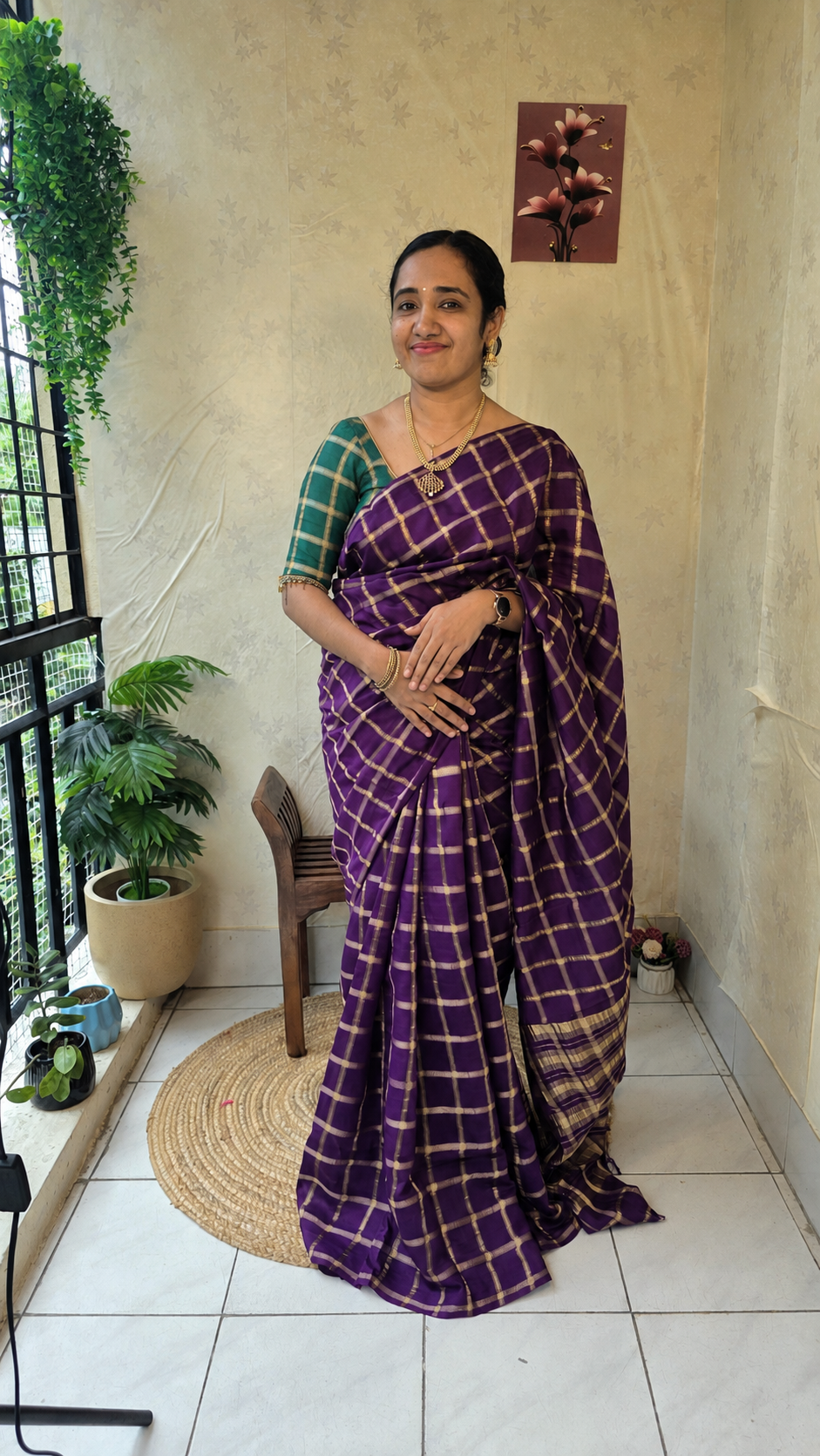 Semi soft purple checked silk saree with blouse