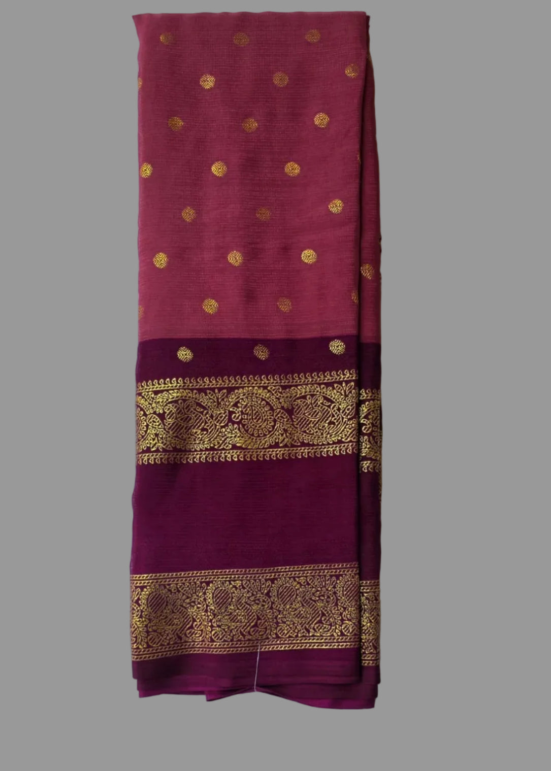 Onion pink colour foil printed saree with maroon border and buttas.