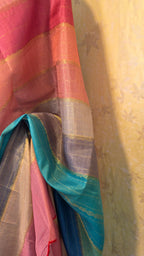 Semi tussar multi coloured saree with cut work with light pink running blouse