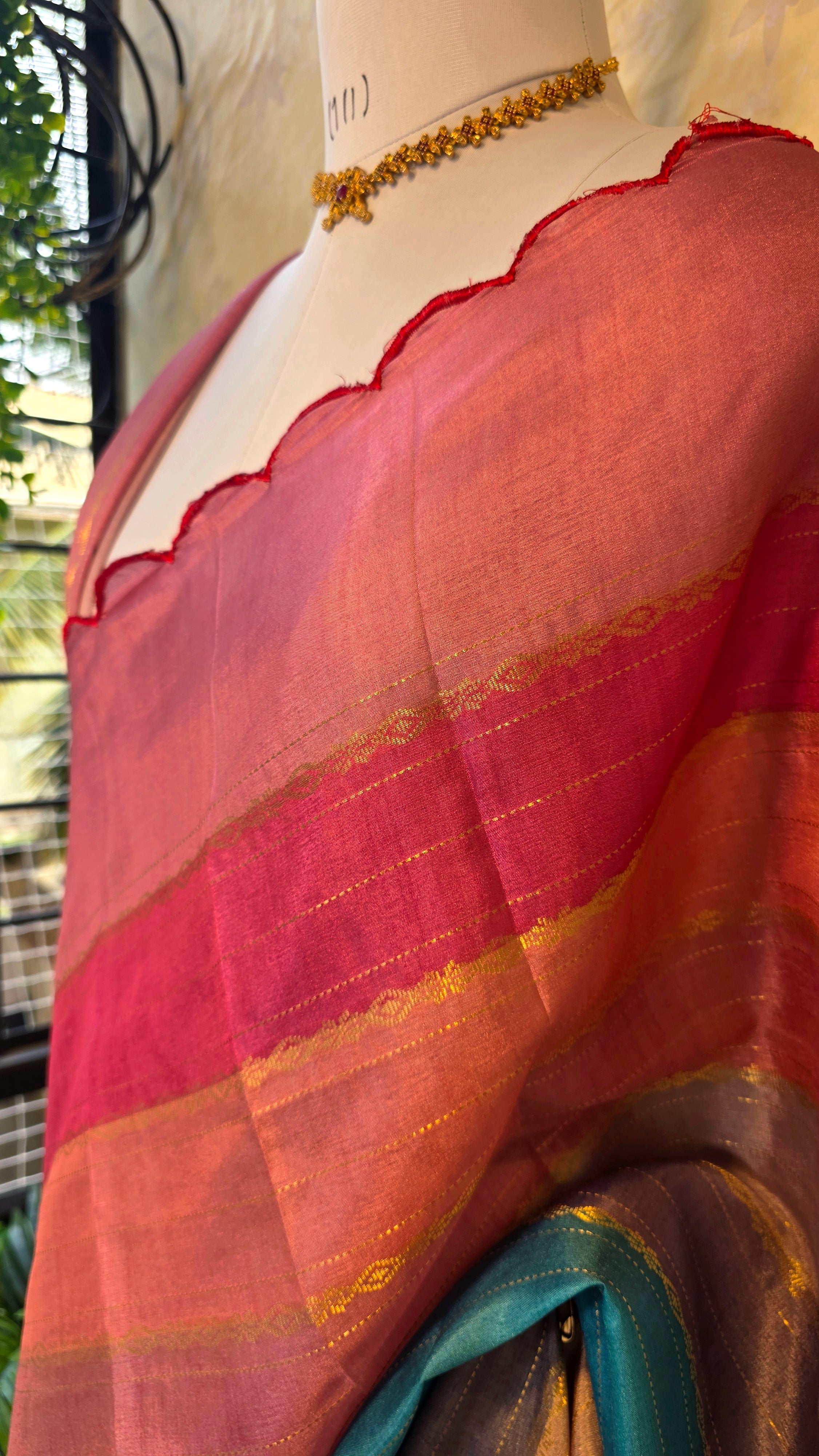 Semi tussar multi coloured saree with cut work with light pink running blouse