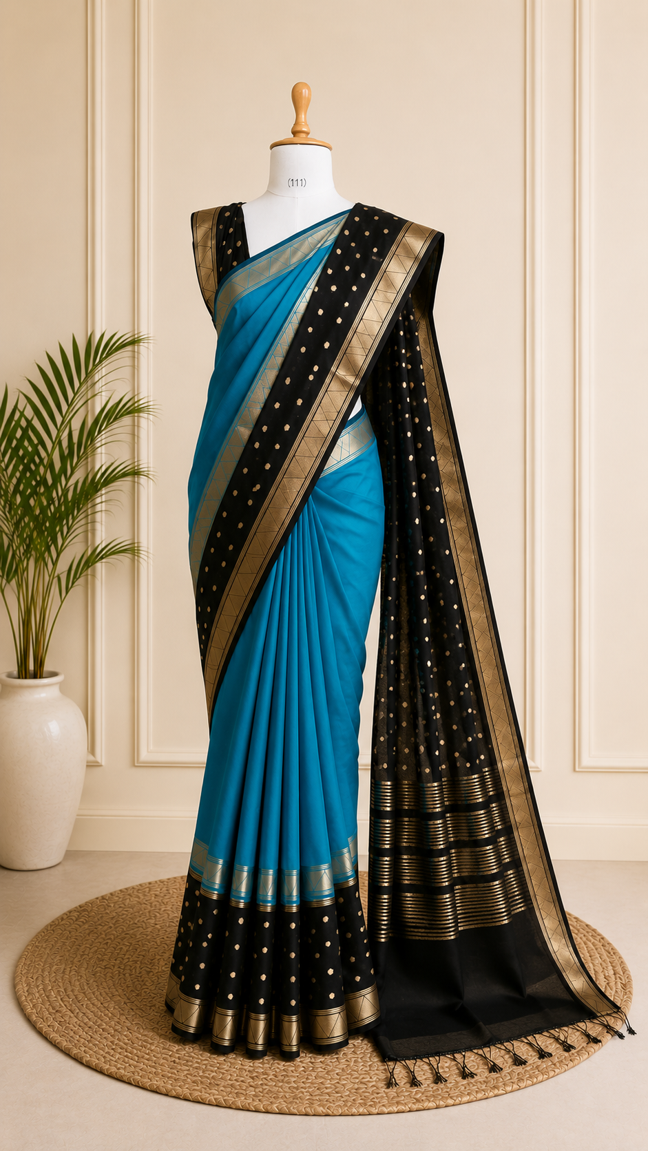 Dark skyblue and black semi mysore silk saree