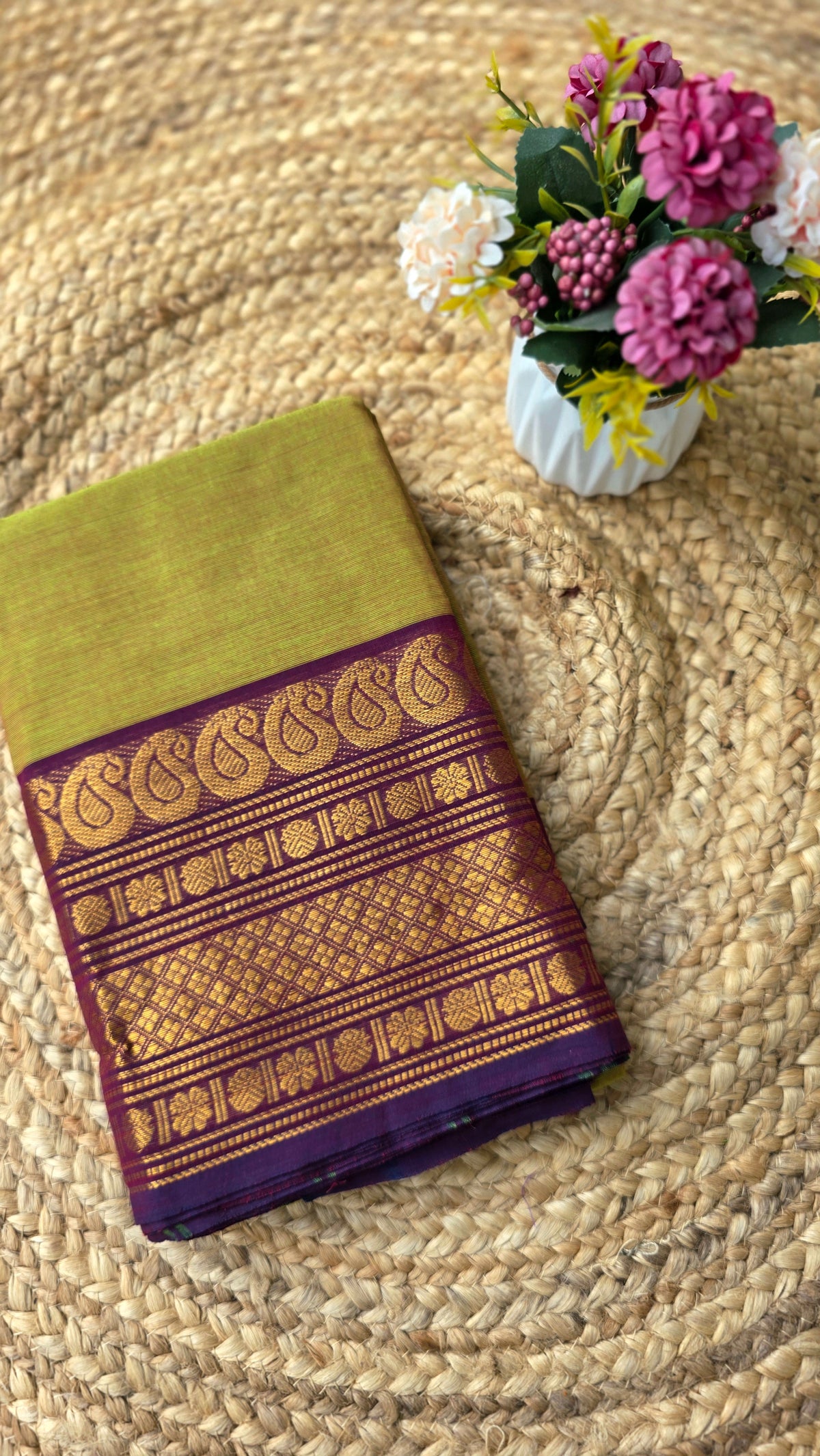 Light green kanchi cotton saree with purple border