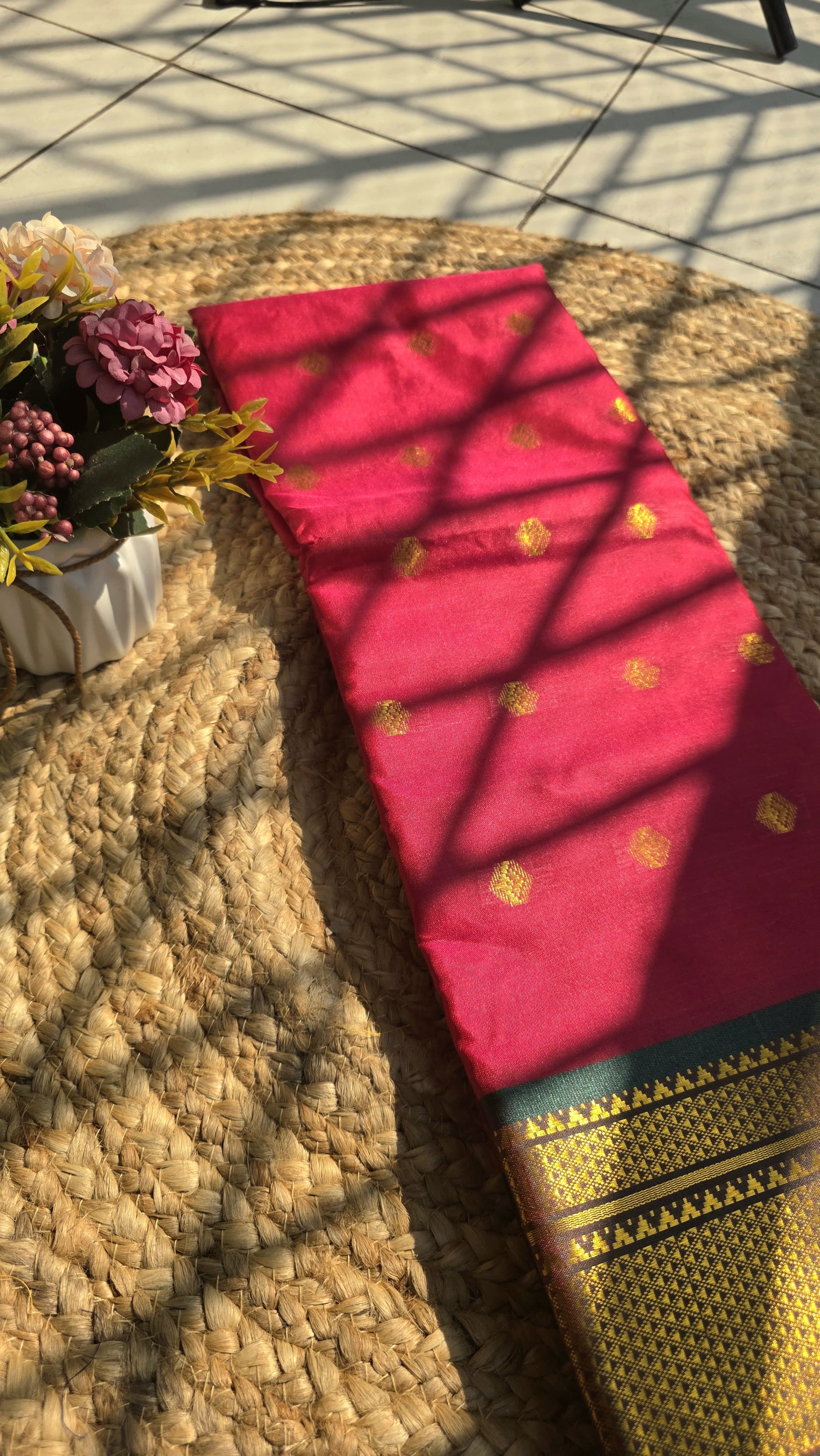 Rani pink colour semi silk saree with dark green border