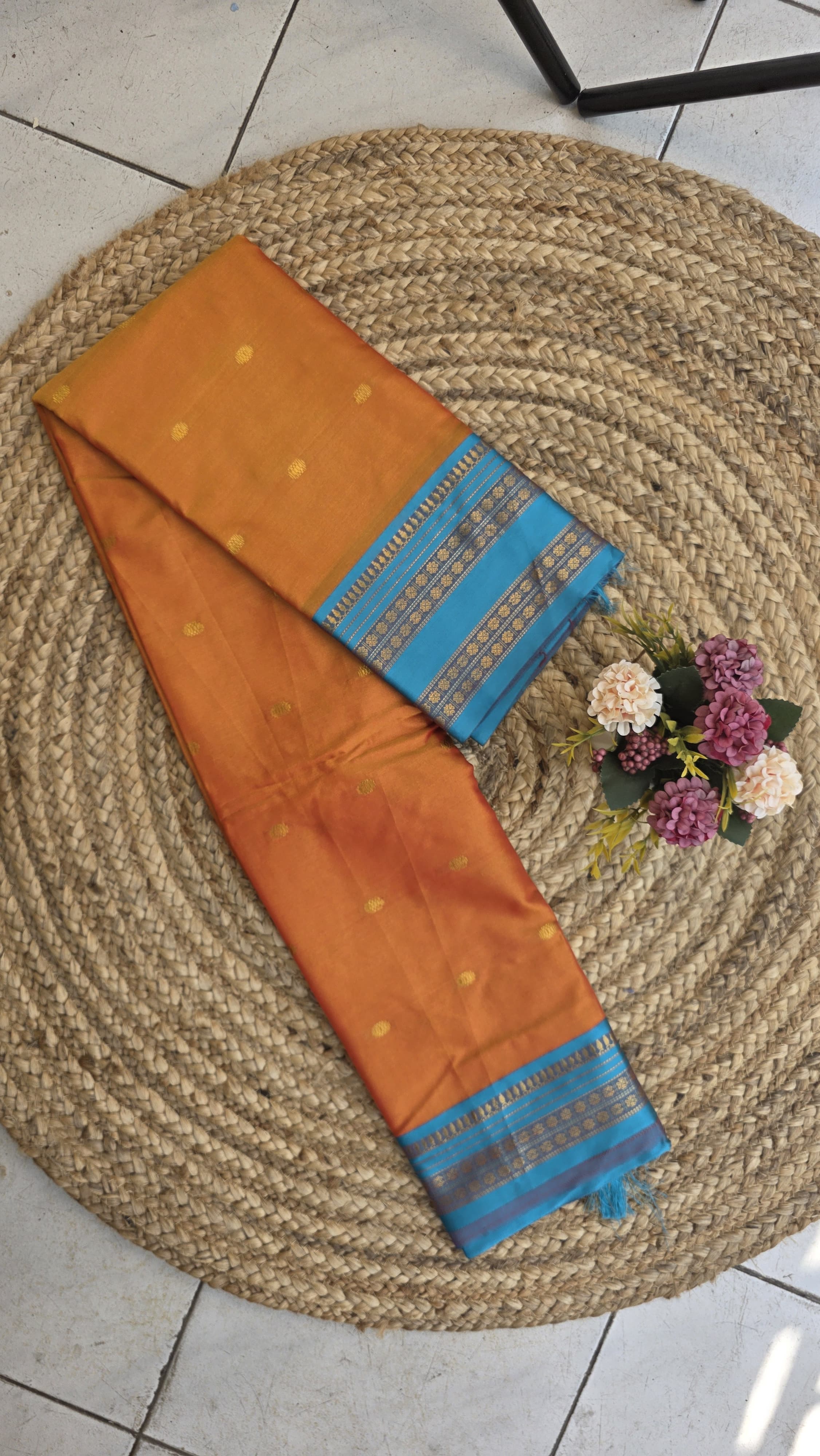 Mango yellow coloured semi kanchipuram silk saree with ramar blue border