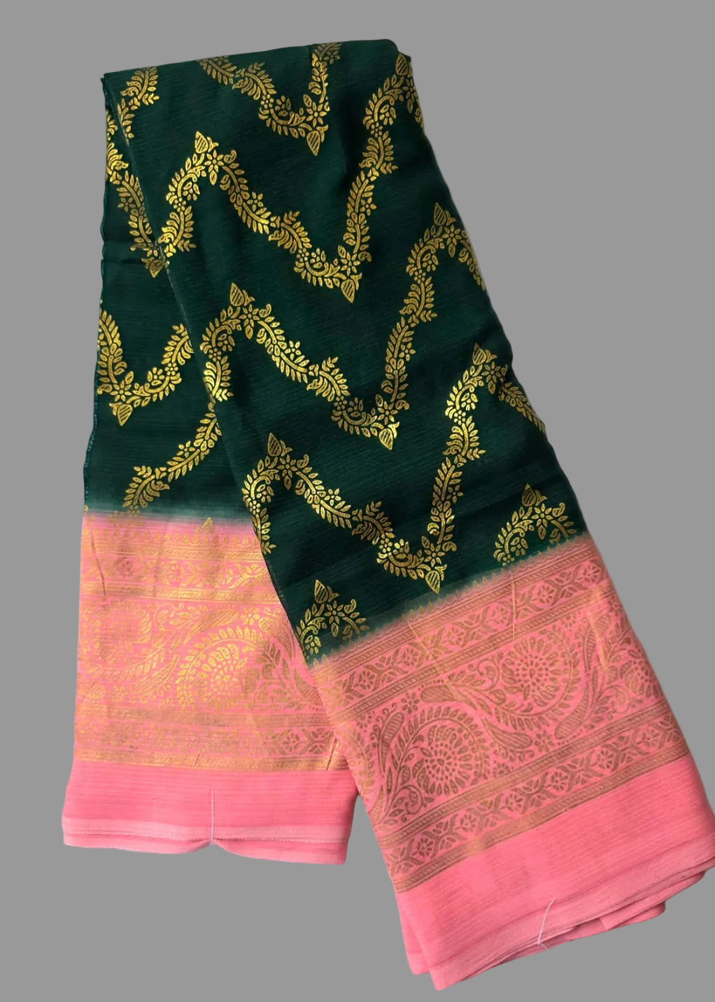 Bottle green colour with pink border foil printed saree