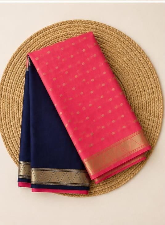 Pink and navy blue semi mysore silk saree