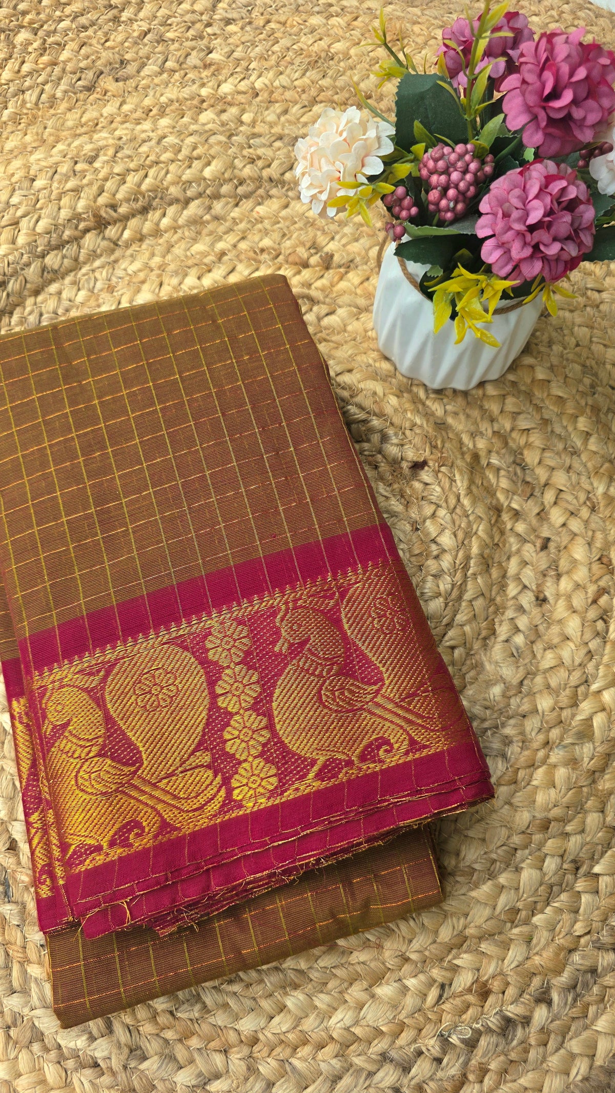 Mustard brown check kanchi cotton saree with maroon border