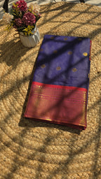 Navy blue semi kanchipuram silk saree with red border