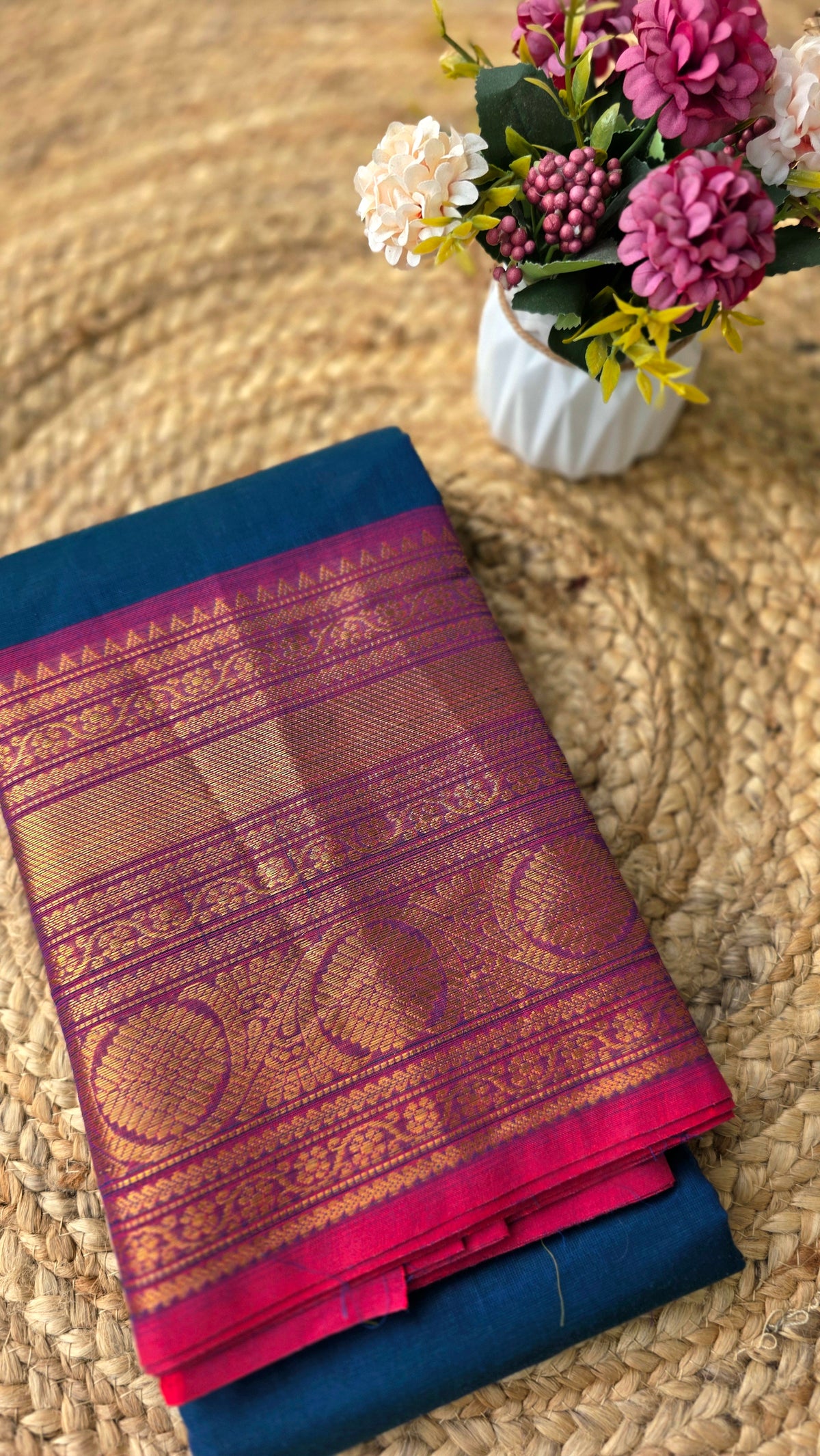 Navy blue Kanchi cotton saree with dark pink border