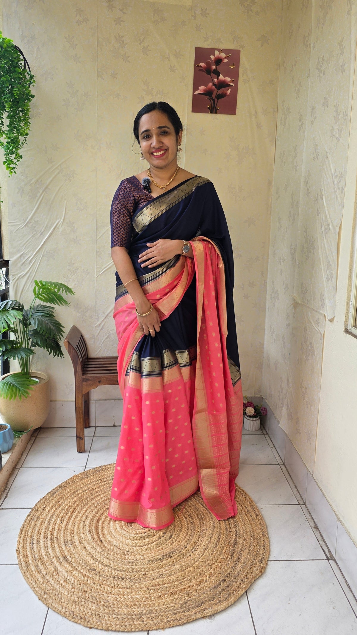 Pink and navy blue semi mysore silk saree