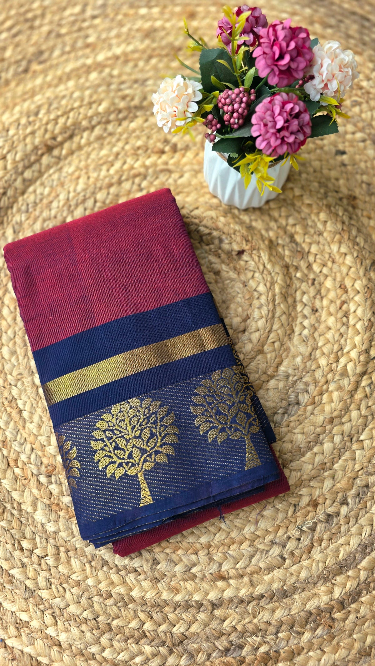 Maroon colour kanchi cotton saree with dark blue border