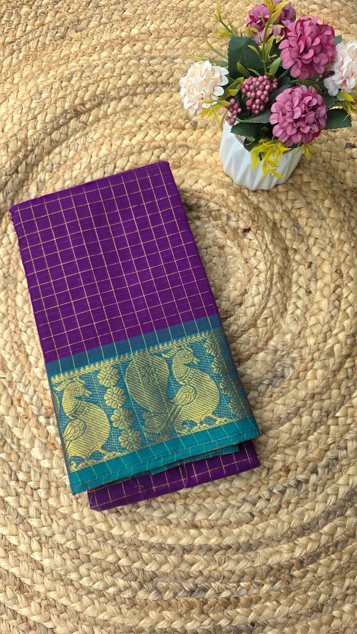 Purple colour check kanchi cotton saree with green border