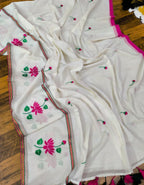 White mulcotton saree with tussels