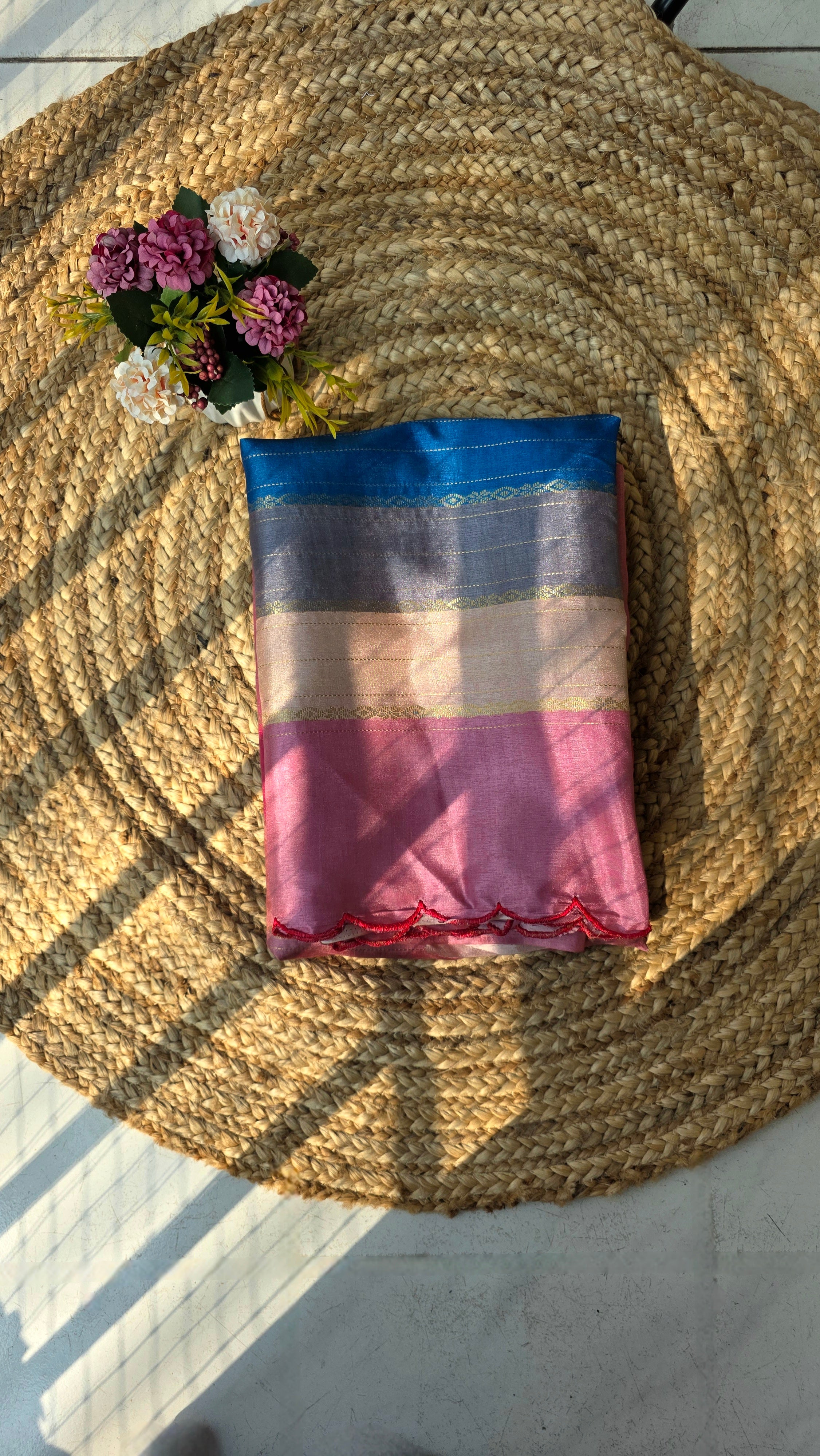 Semi tussar multi coloured saree with cut work with light pink running blouse