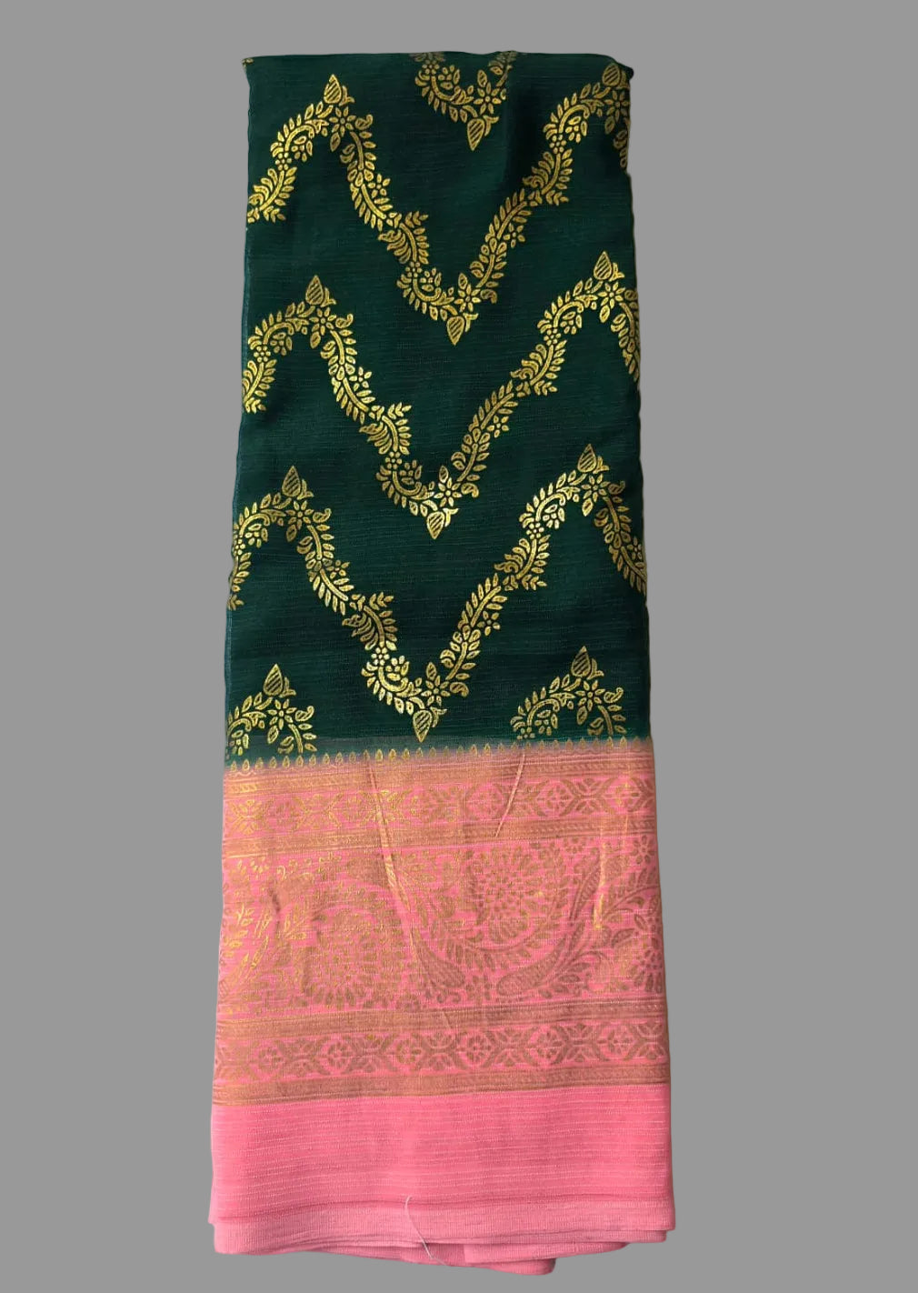 Bottle green colour with pink border foil printed saree