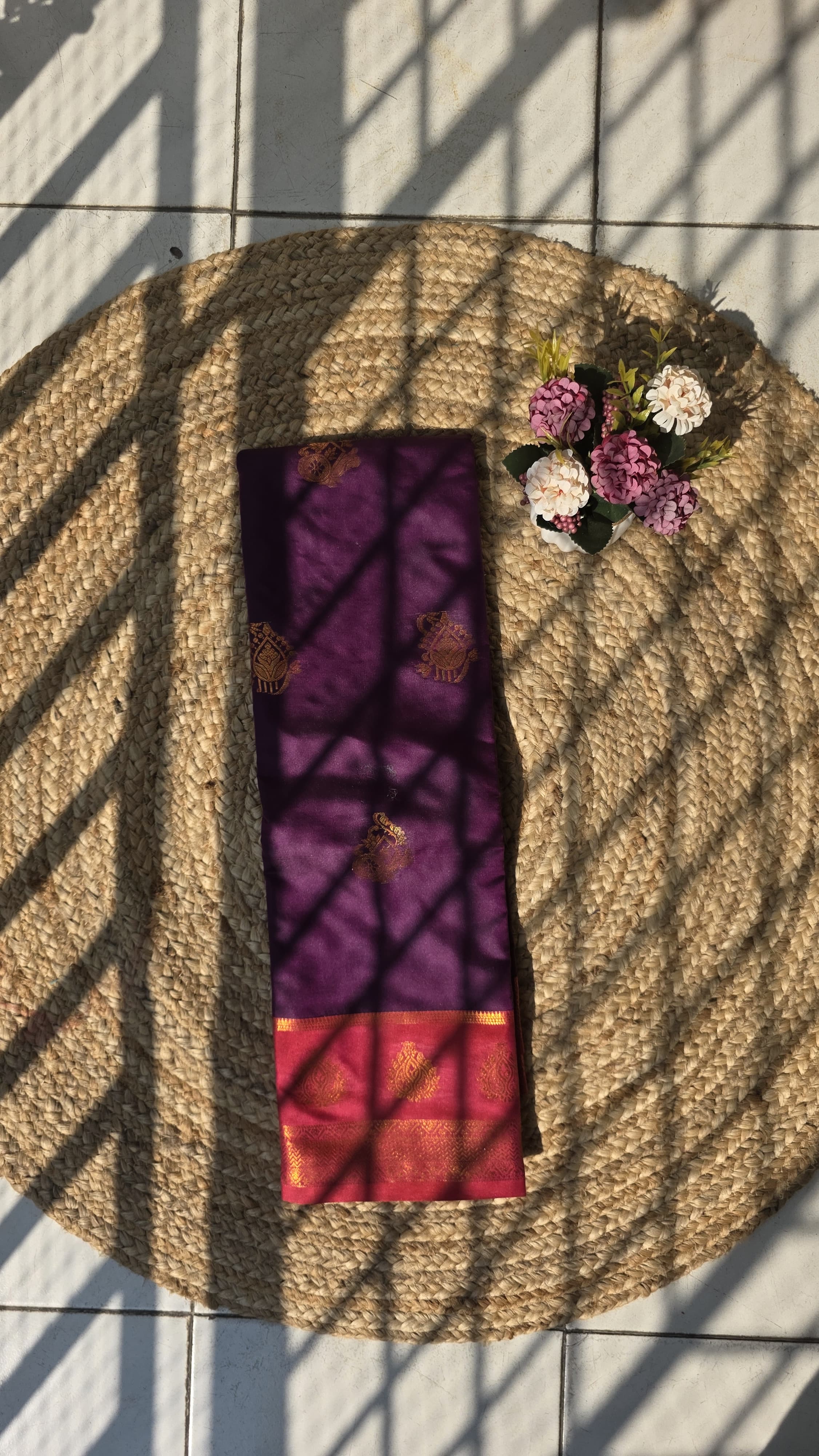 Violet colour semi silk saree with pink border