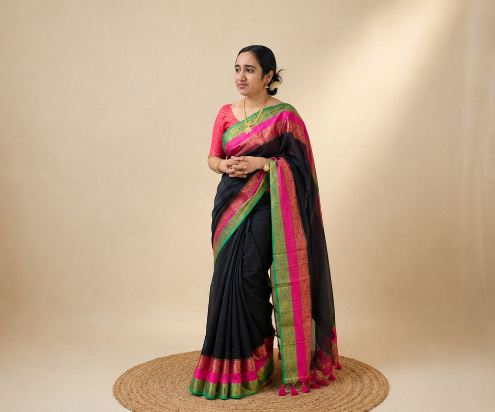 Multi colour kanchi border black cotton saree with tussels.