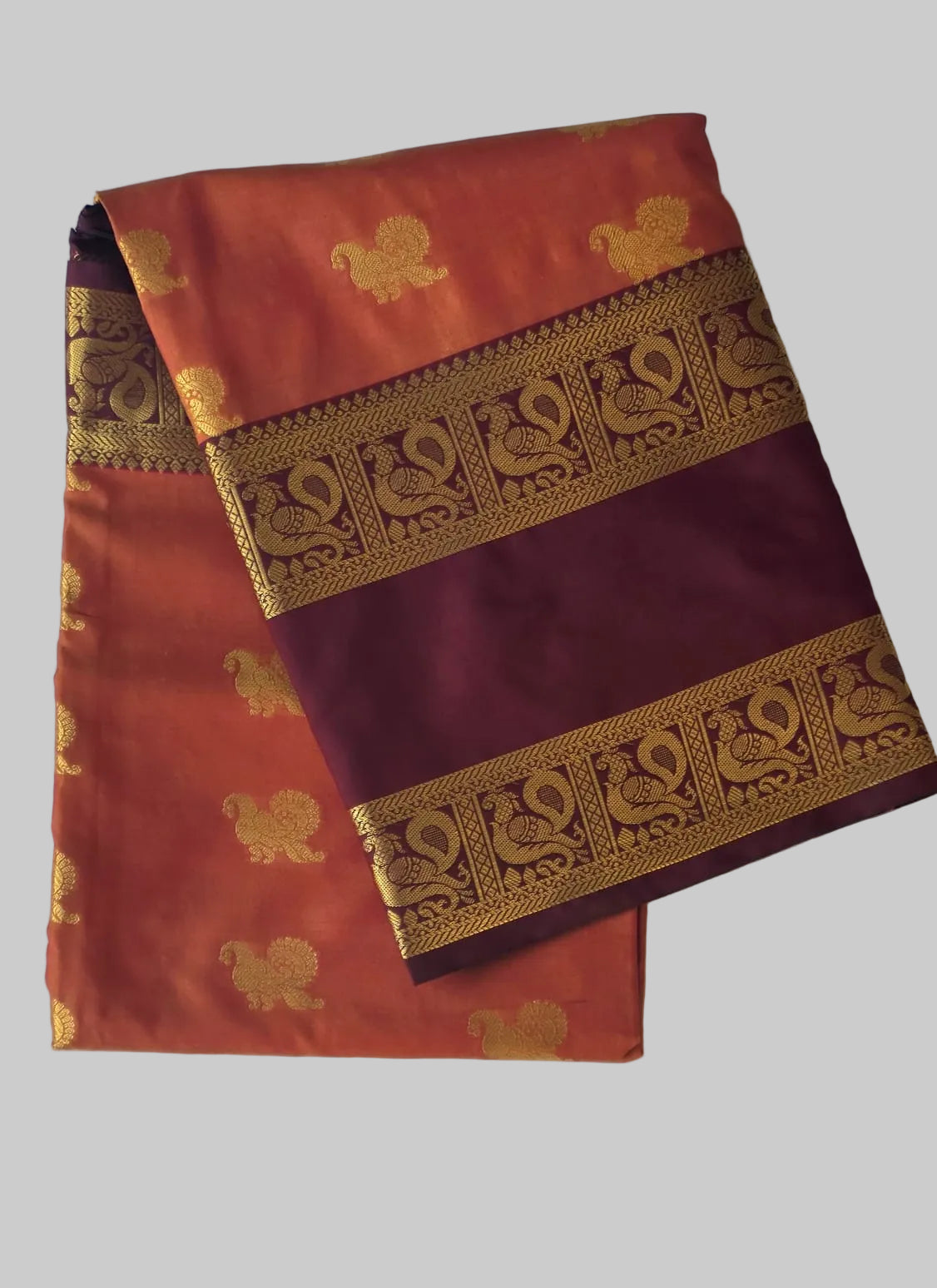 Burnt orange with coffee colour border light weight semi kanchipuram silk saree