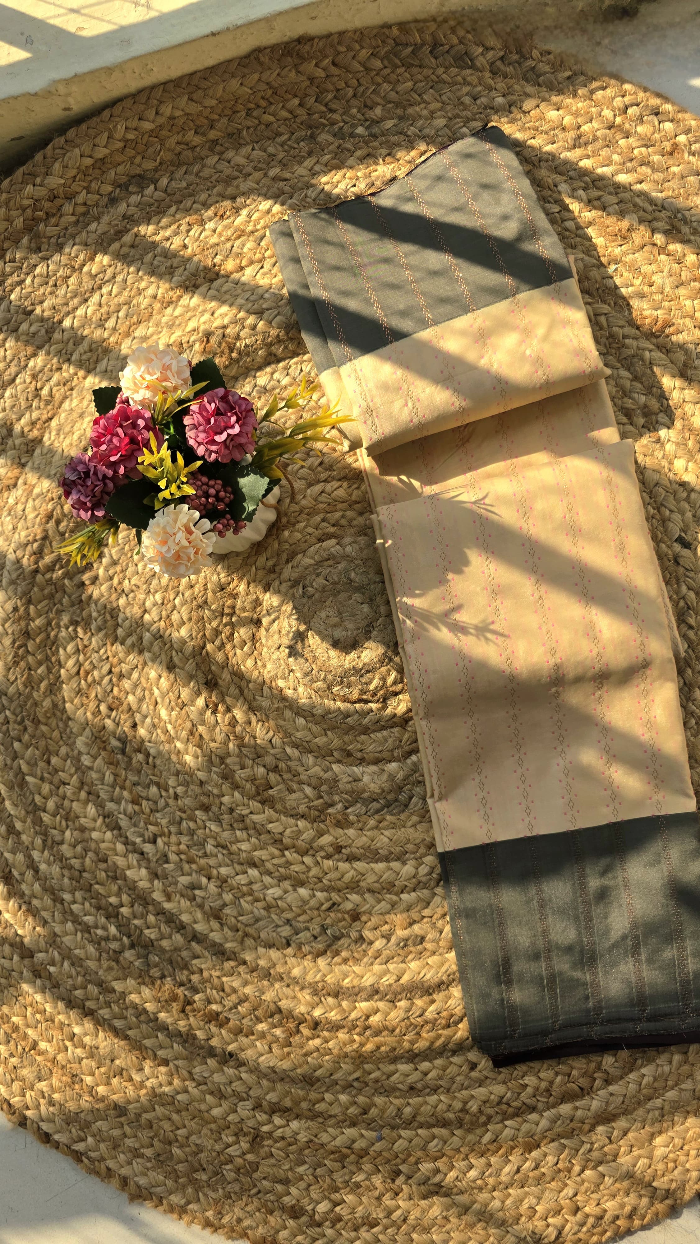 Off White Silk Saree With Dark Ash Colour Boarder