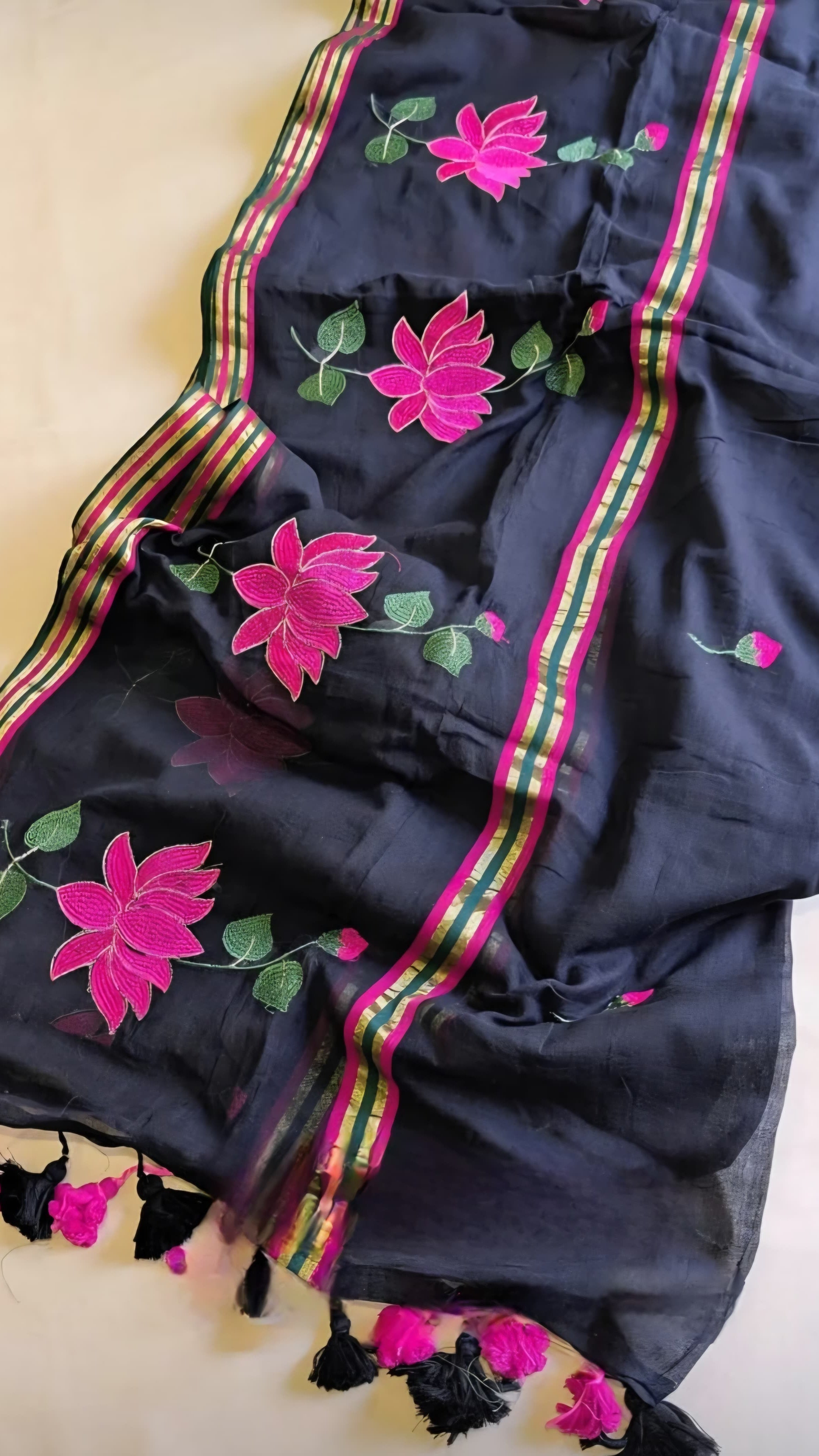 Black mulcotton saree with tessals