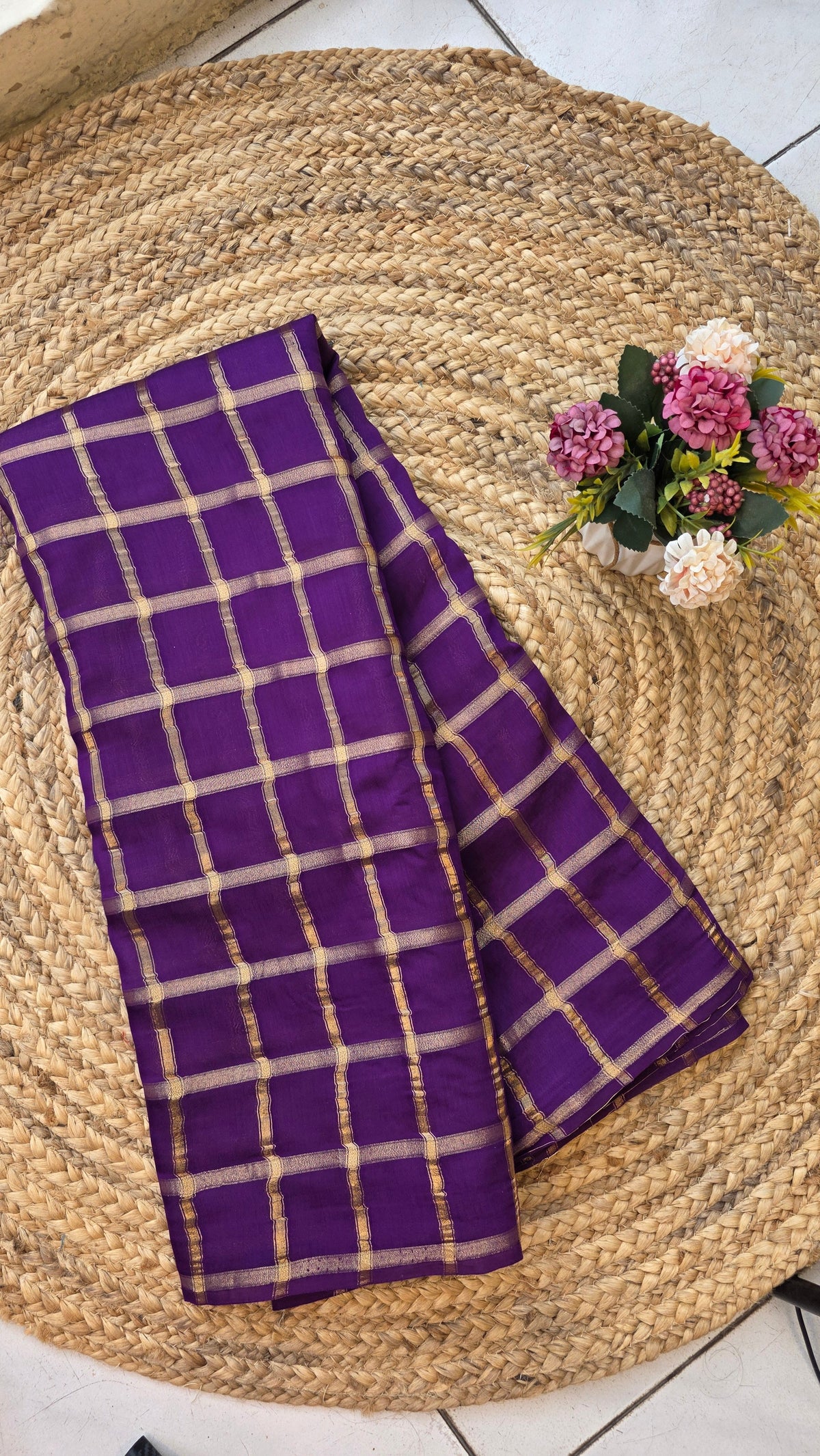 Semi soft purple checked silk saree with blouse
