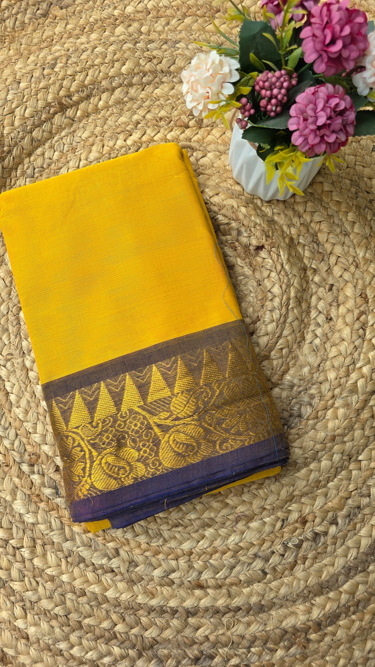Yellow kanchi cotton saree with violet border