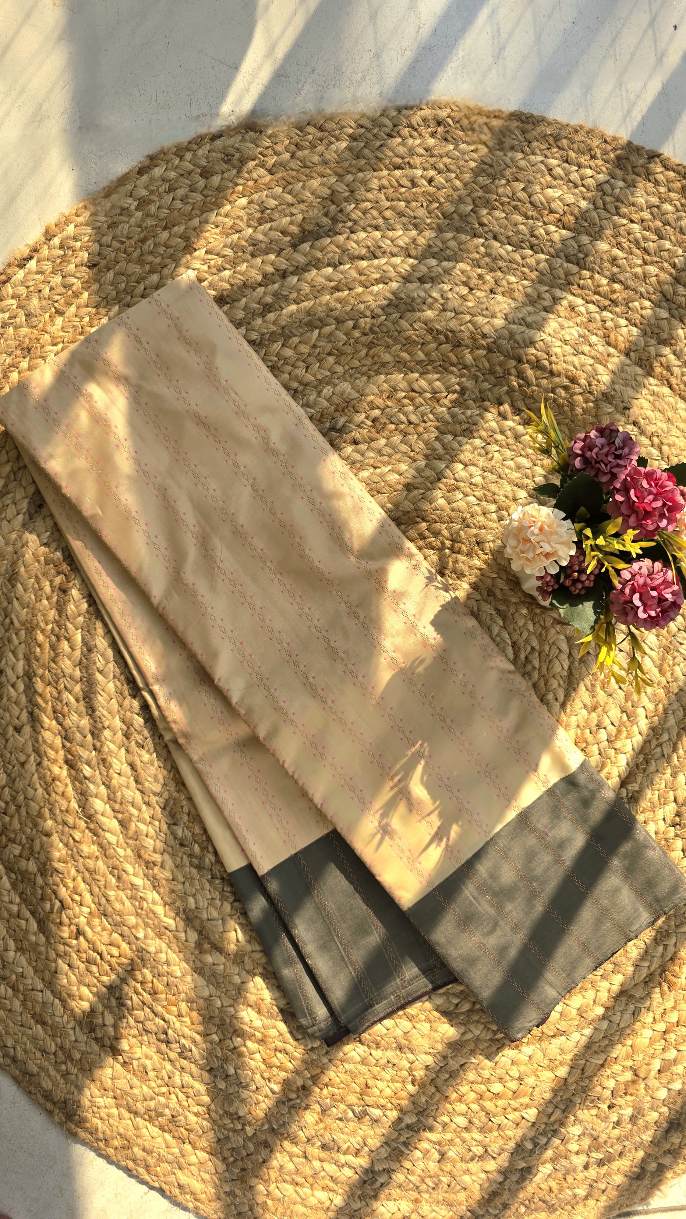 Off White Silk Saree With Dark Ash Colour Boarder