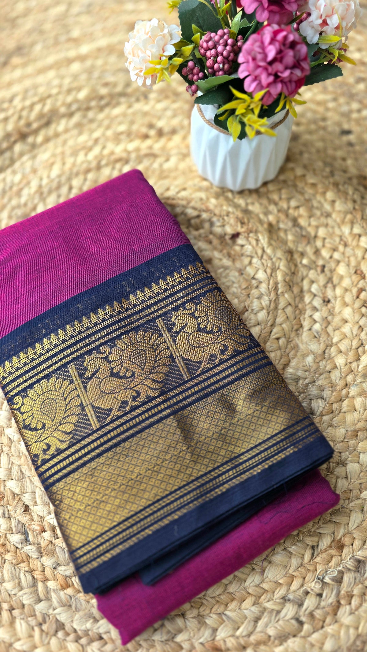 Dark pink kanchi cotton saree with dark navy blue border