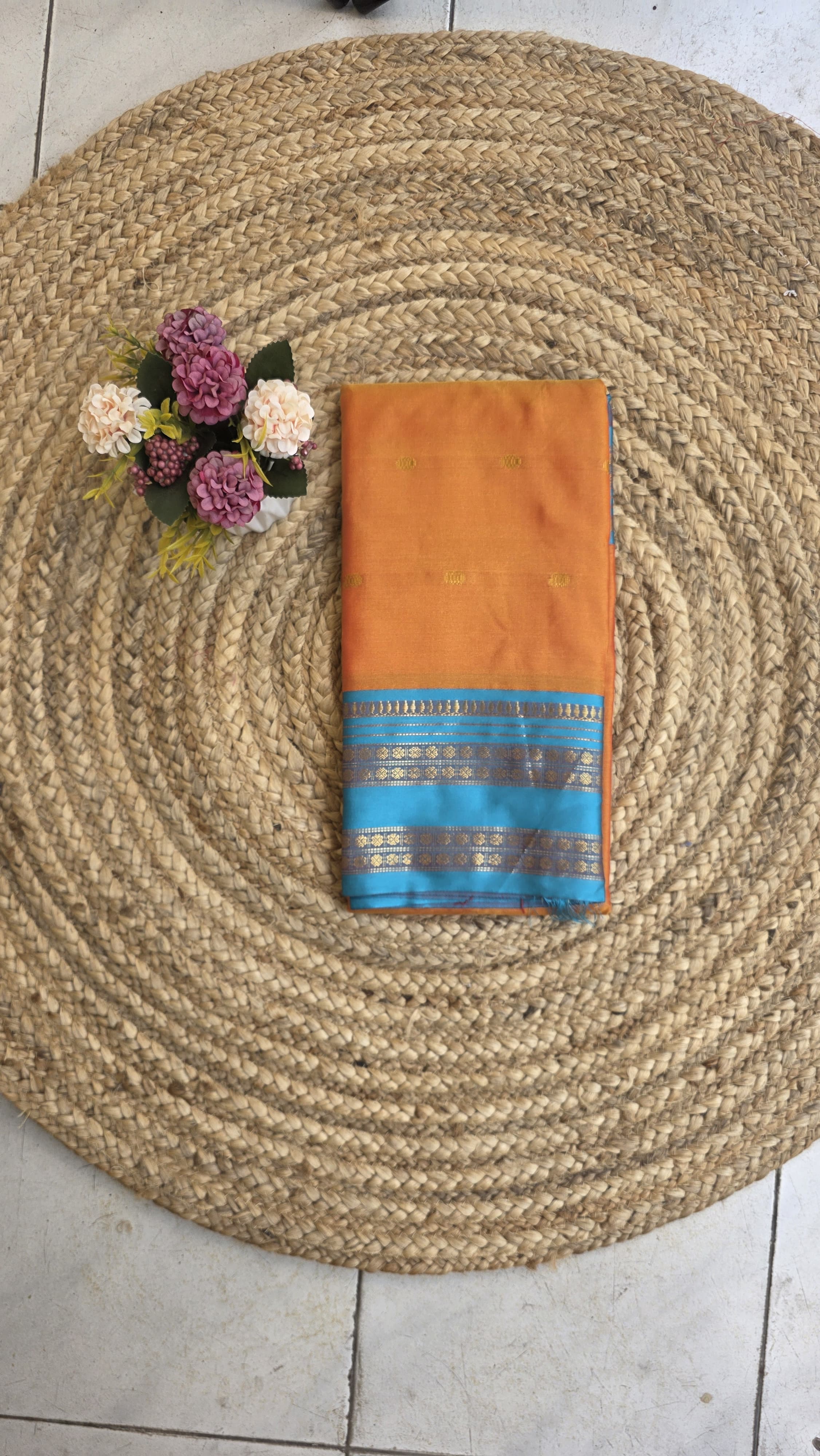 Mango yellow coloured semi kanchipuram silk saree with ramar blue border